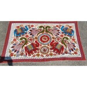 Indian Embroidered Mirror Work Textile Wall Hanging Tapestry Elephant Peacock